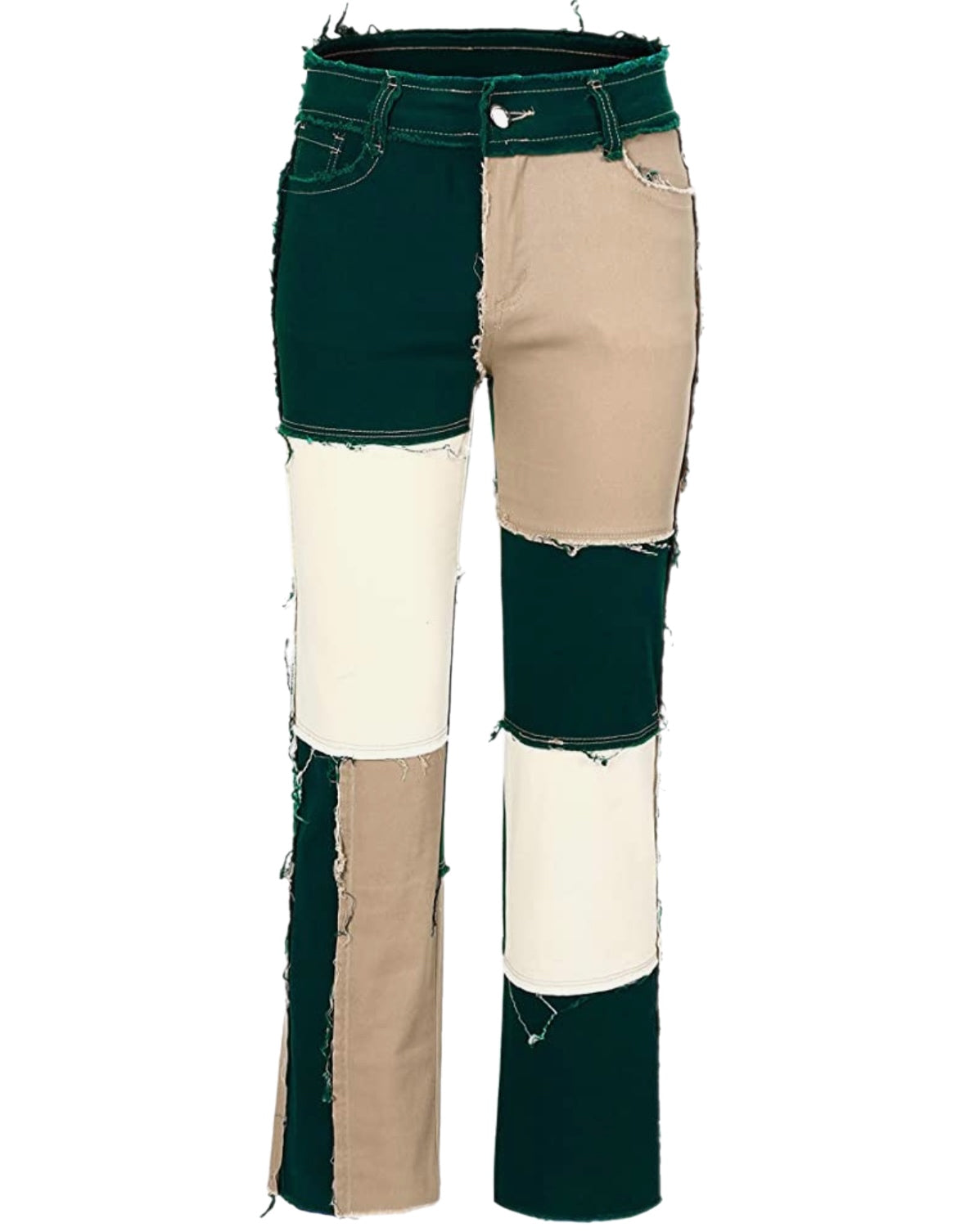 Women’s Patchwork Straight Leg Jeans Mid Rise Stretch Frayed Pants